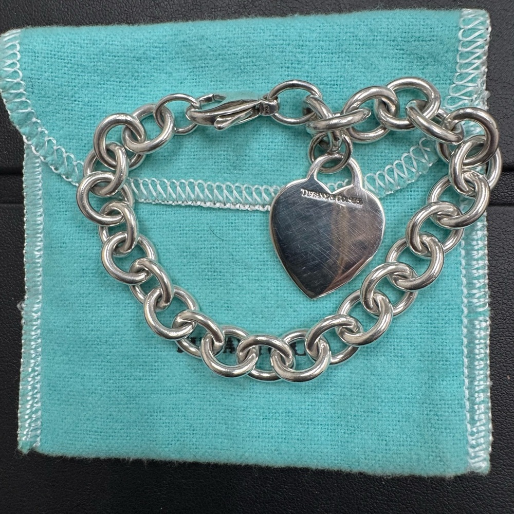 Tiffany & Co. Silver Heart Tag Link Bracelet with Signature Charm